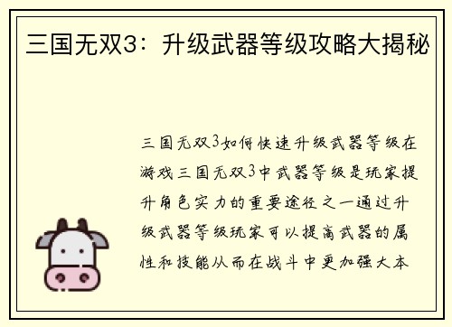 三国无双3：升级武器等级攻略大揭秘