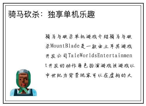 骑马砍杀：独享单机乐趣