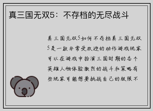 真三国无双5：不存档的无尽战斗